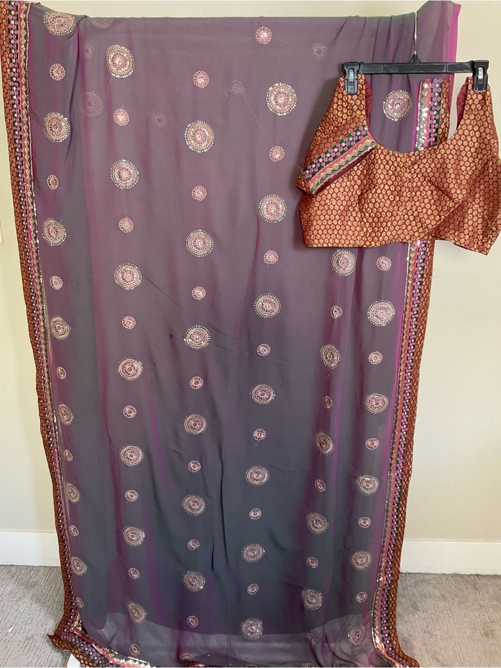 Purple Embroidered Georgette Saree with Contrasting Maroon  Blouse